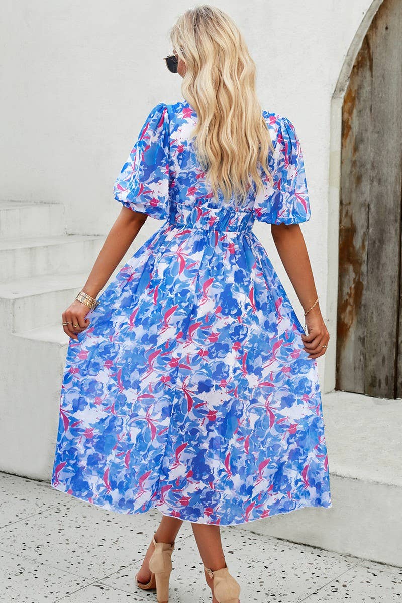 CWDMD0995_Deep V-Neck Short Sleeve Floral Print Midi Dresses - Bellissima by Ari LLC.