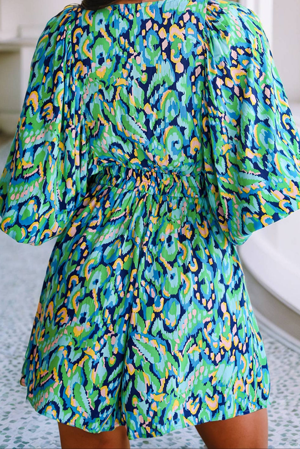 Abstract Print Puff Sleeve V Neck High Waist Romper - Bellissima by Ari LLC.