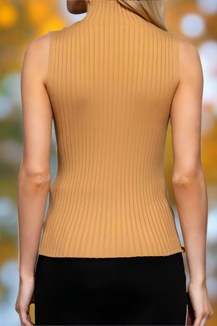 Sleeveless High Neck Rib Sweater Top - Bellissima by Ari LLC.