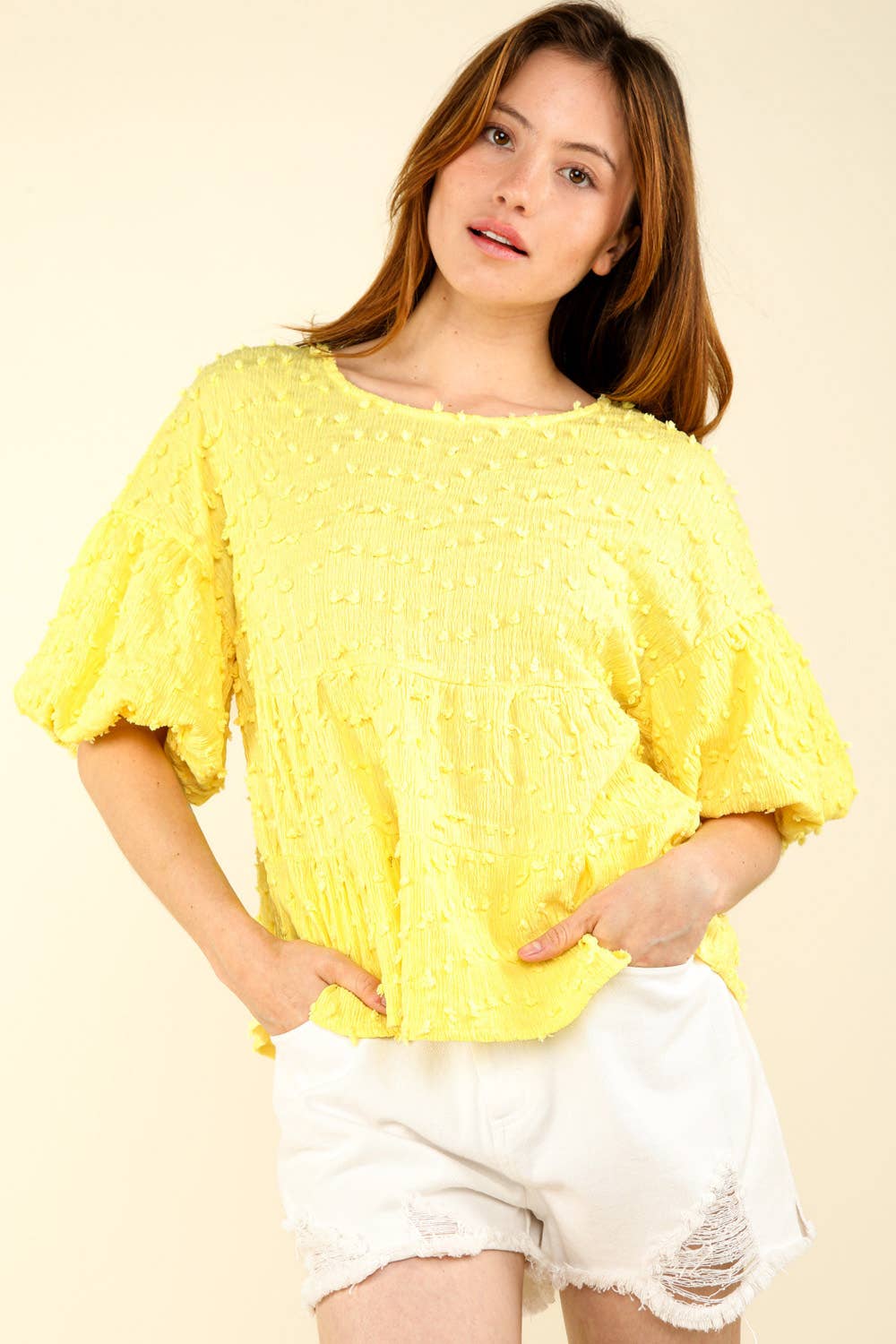 Yellow Pom Pom Knit Puff Sleeve Babydoll Top - Bellissima by Ari LLC.