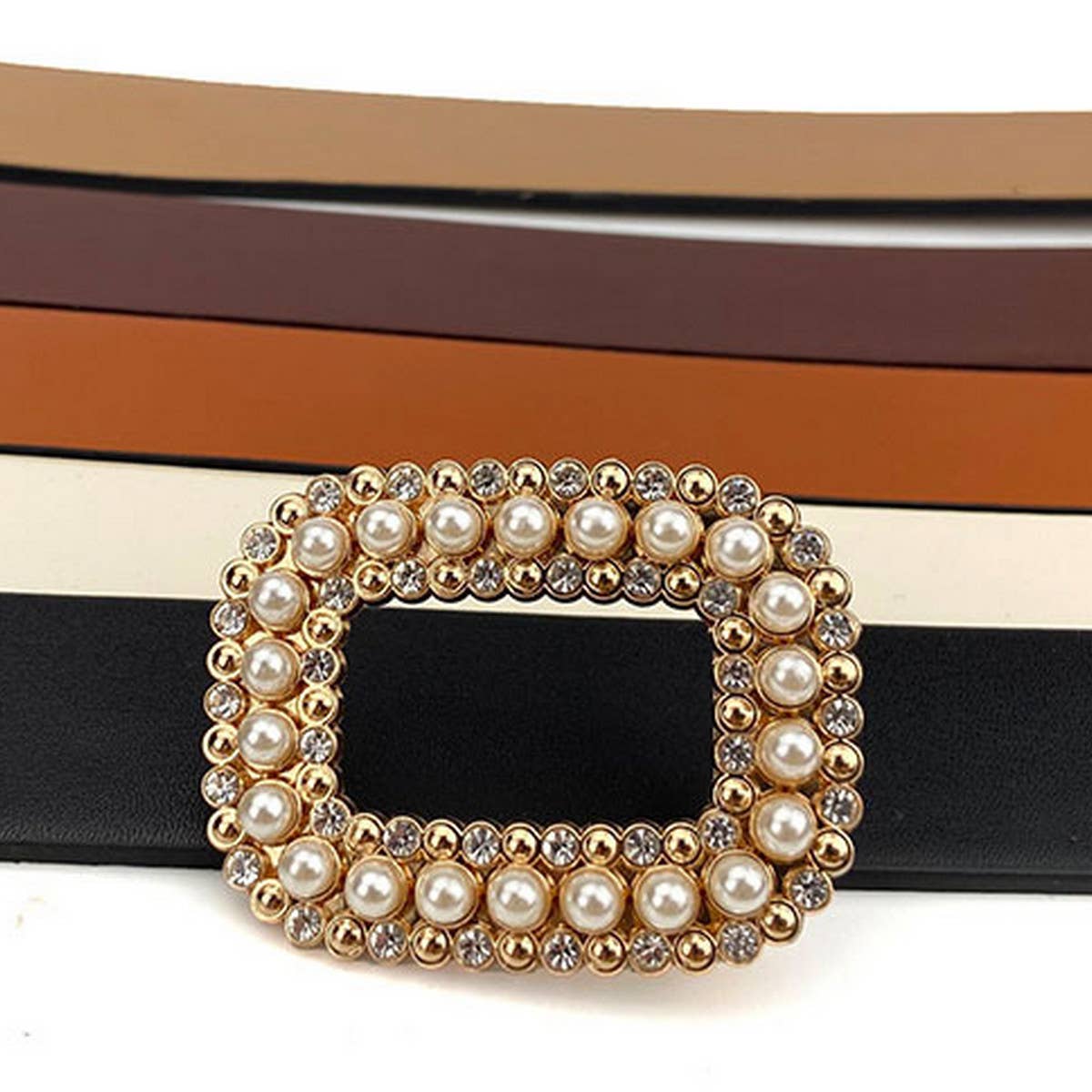 WOMEN ROUND DIAMOND PEARL BUCKLE BELT FOR JEANS - Bellissima by Ari LLC.