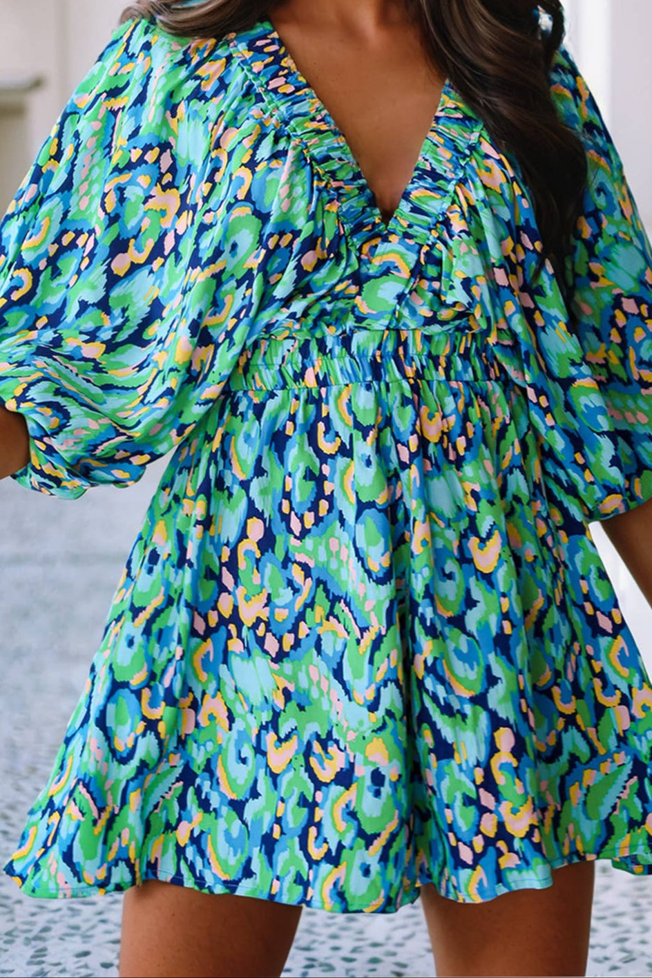 Abstract Print Puff Sleeve V Neck High Waist Romper - Bellissima by Ari LLC.