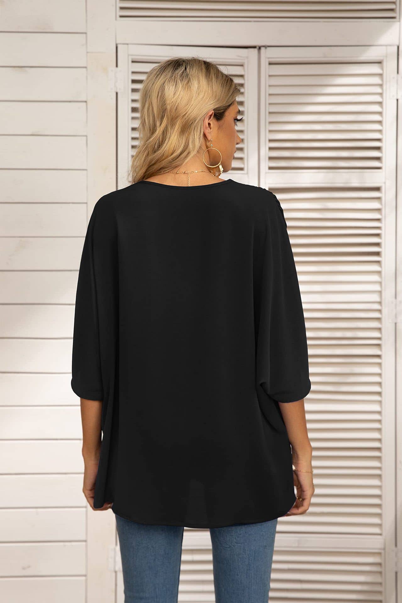BAT-SLEEVED CHIFFON V-NECK SHORT-SLEEVED SHIRT - Bellissima by Ari LLC.