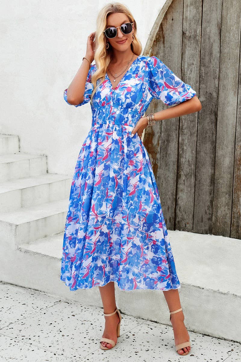 CWDMD0995_Deep V-Neck Short Sleeve Floral Print Midi Dresses - Bellissima by Ari LLC.