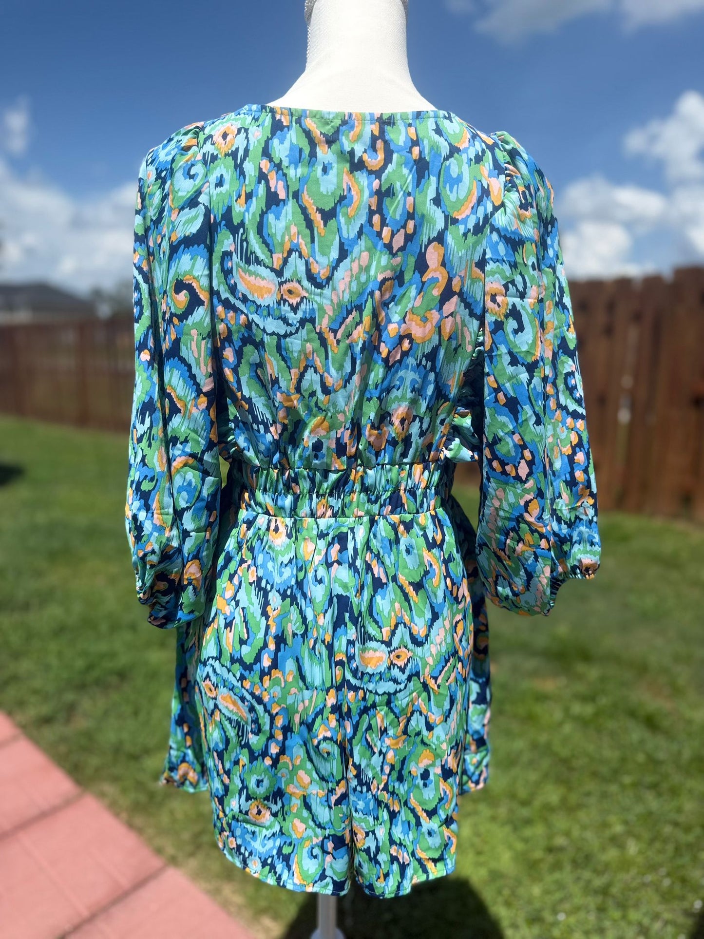 Abstract Print Puff Sleeve V Neck High Waist Romper - Bellissima by Ari LLC.