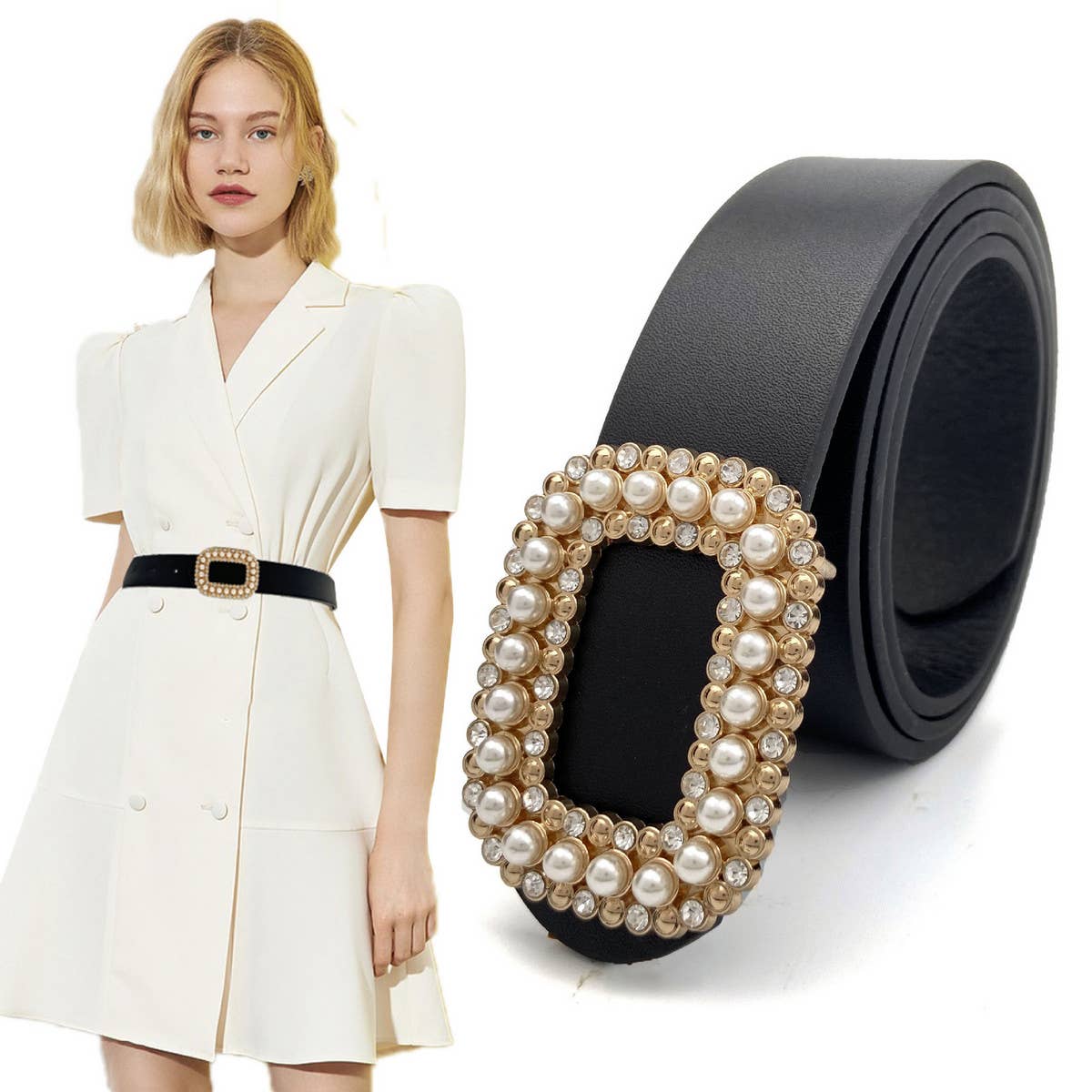 WOMEN ROUND DIAMOND PEARL BUCKLE BELT FOR JEANS - Bellissima by Ari LLC.