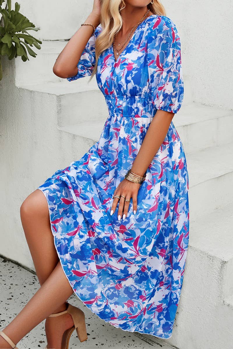 CWDMD0995_Deep V-Neck Short Sleeve Floral Print Midi Dresses - Bellissima by Ari LLC.