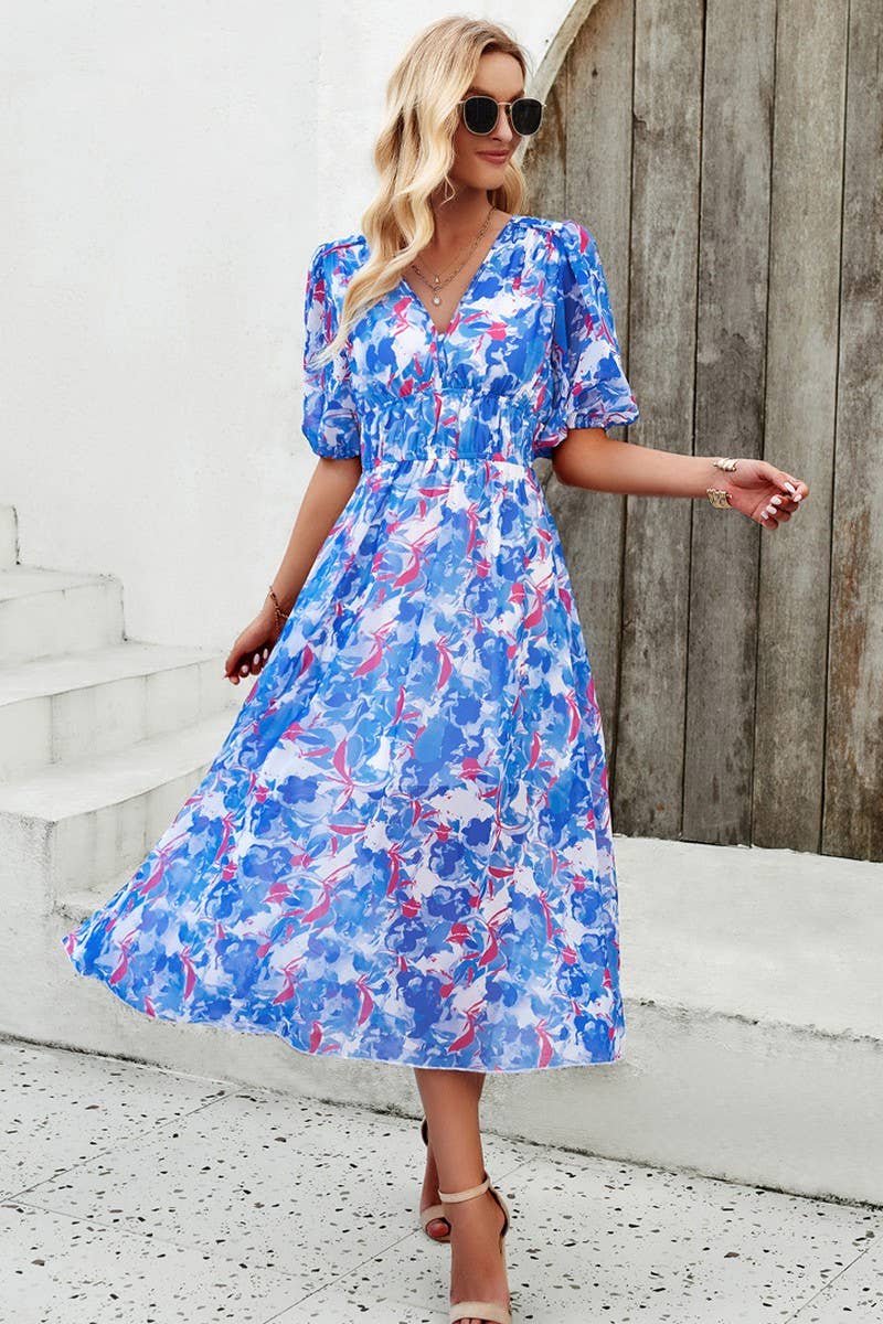 CWDMD0995_Deep V-Neck Short Sleeve Floral Print Midi Dresses - Bellissima by Ari LLC.