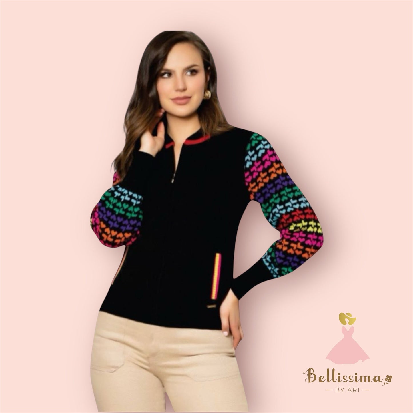 Heartfelt Vibes: Black Cardigan with Vibrant Heart - Detail Sleeves - Bellissima by Ari LLC.