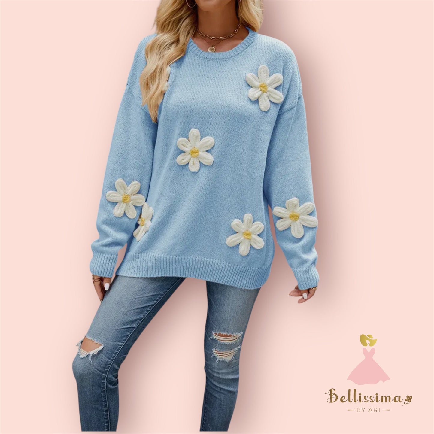 SLOUCHY ROUND NECK FLOWER STEREO CROCHET SWEATER - Bellissima by Ari LLC.
