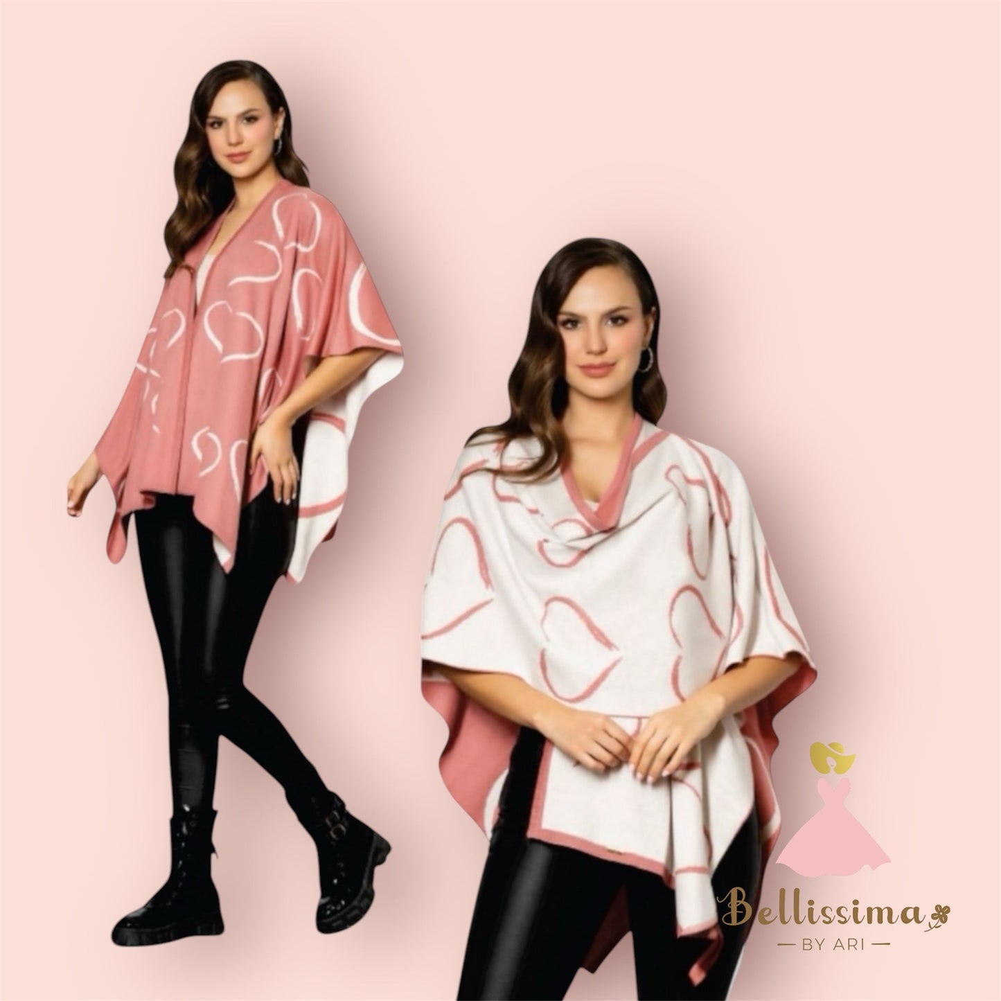 Sweetheart Reversible Poncho: Pink & White with Heart Details - Bellissima by Ari LLC.