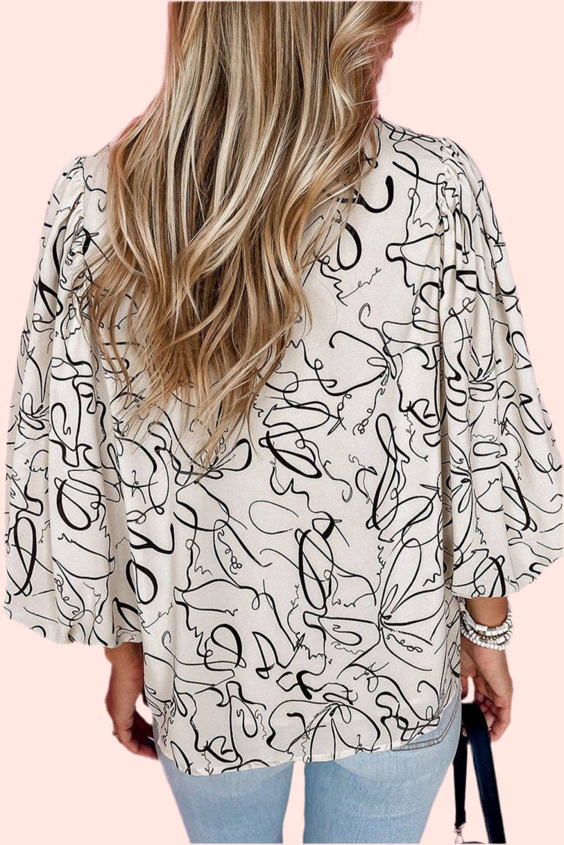 Abstract Crew Neck Balloon Sleeve Blouse - Bellissima by Ari LLC.