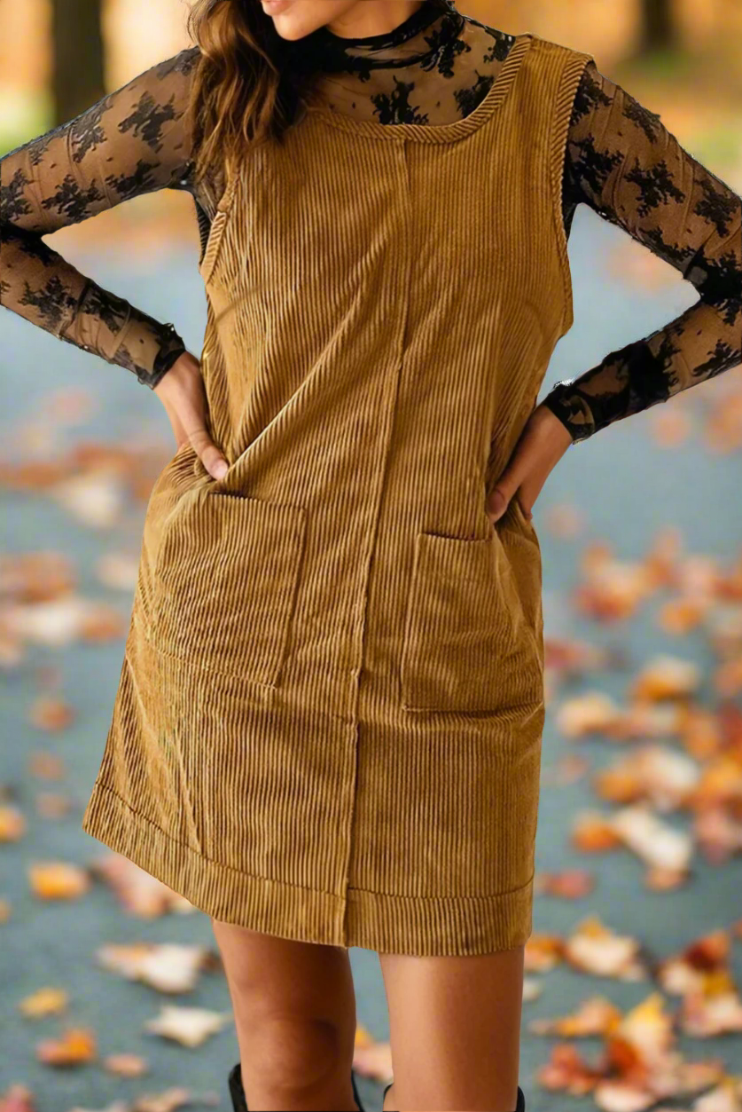 LDC Corduroy Sleeveless Patched Pockets Mini Dress - Bellissima by Ari LLC.
