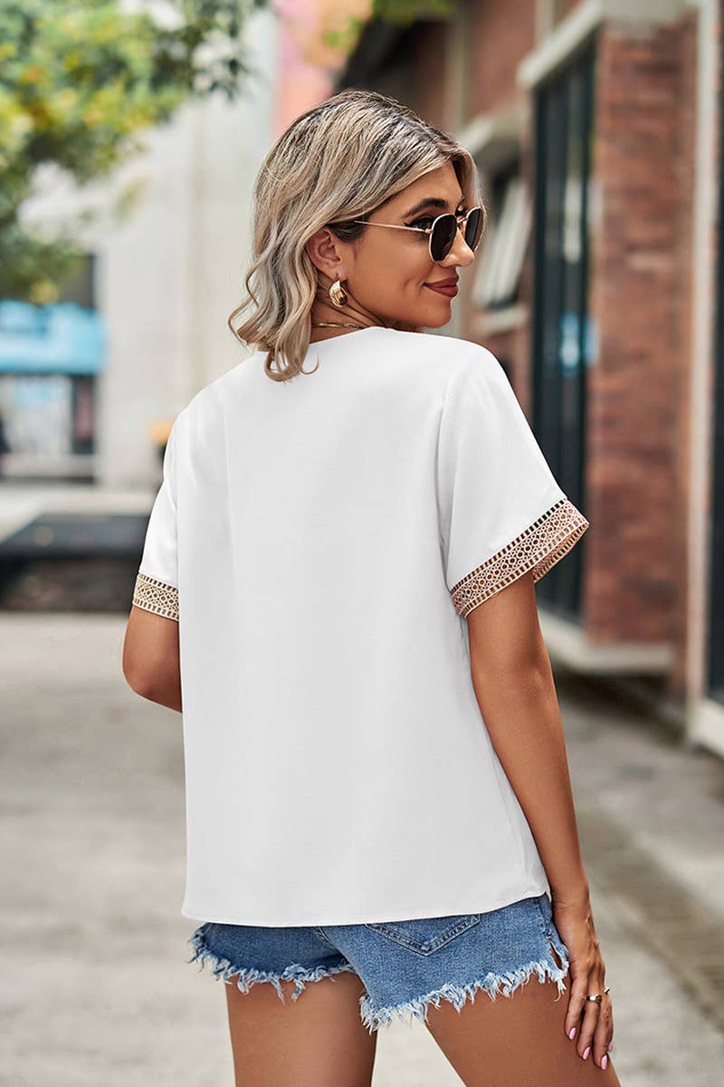 CWTBLS0045_GOLD LACE POINT V NECK CHIFFON BLOUSE - Bellissima by Ari LLC.