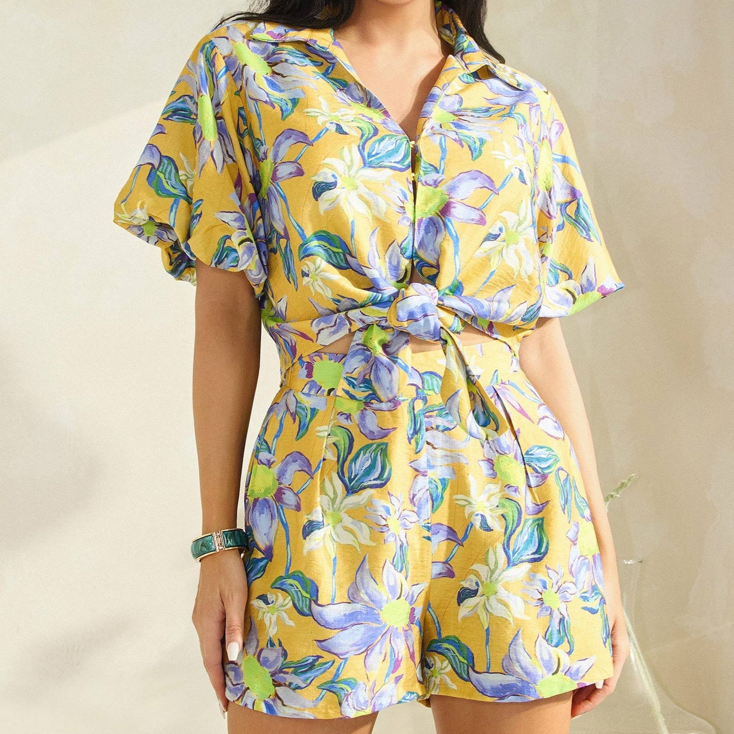 LINEN PRINTED FRONT TIED BLOUSE WITH SHORT PANTS SET - Bellissima by Ari LLC.