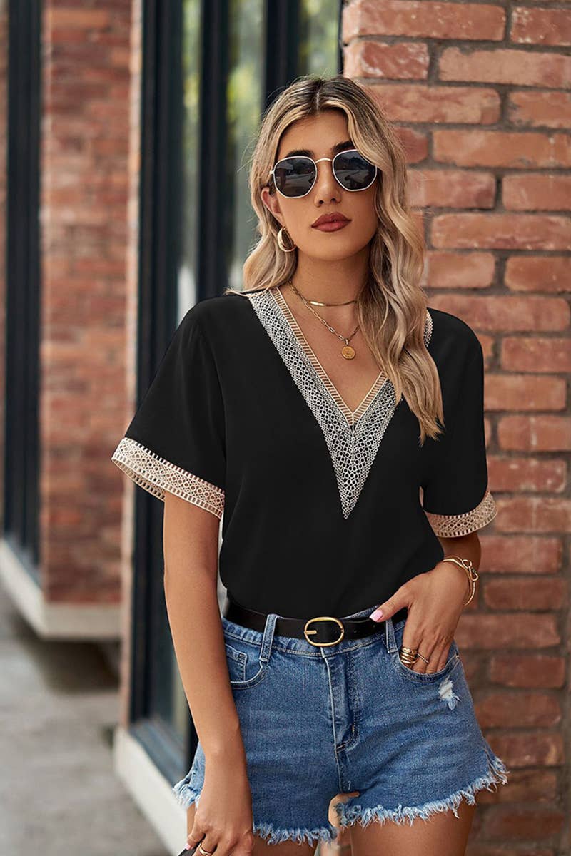 CWTBLS0045_GOLD LACE POINT V NECK CHIFFON BLOUSE - Bellissima by Ari LLC.
