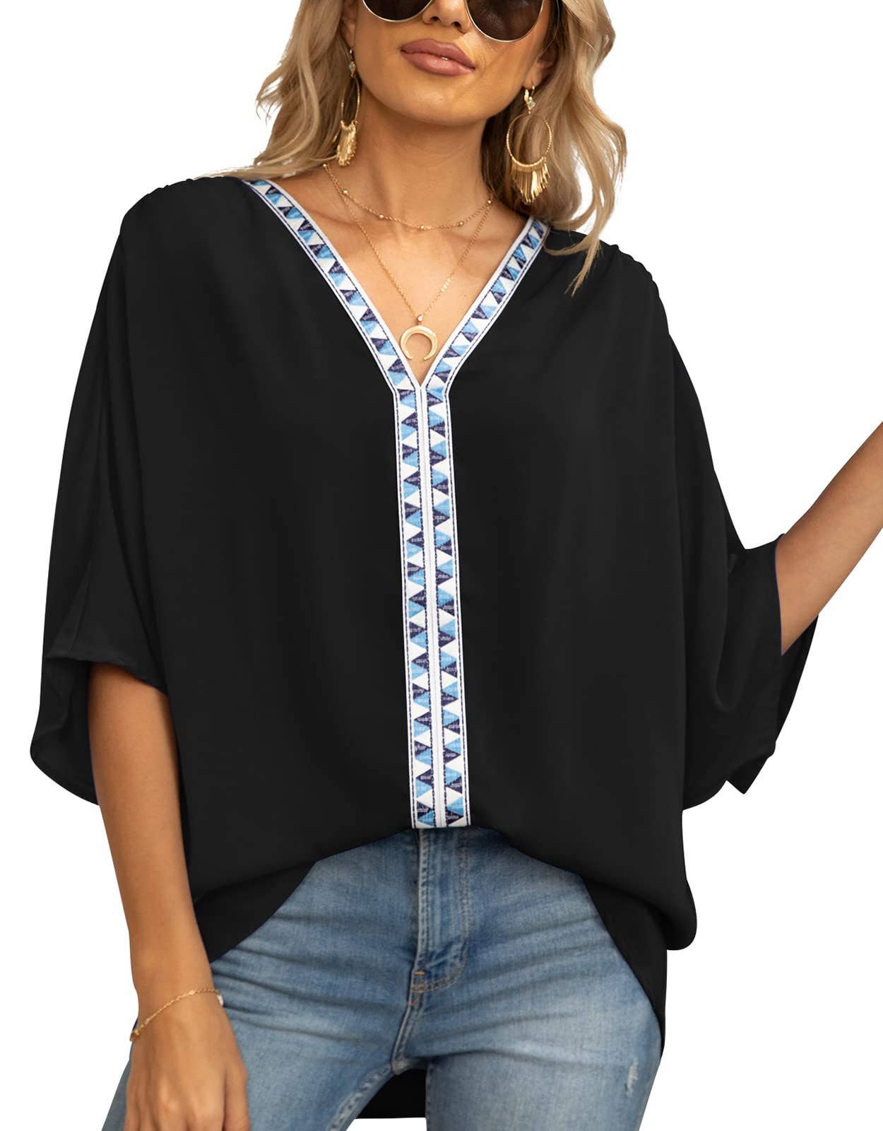 BAT-SLEEVED CHIFFON V-NECK SHORT-SLEEVED SHIRT - Bellissima by Ari LLC.
