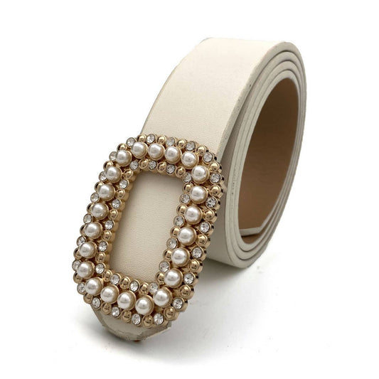 WOMEN ROUND DIAMOND PEARL BUCKLE BELT FOR JEANS - Bellissima by Ari LLC.