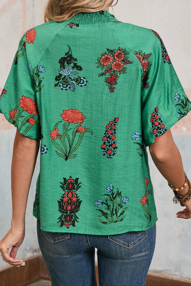Floral Buttoned V-Neck Summer Blouse - Bellissima by Ari LLC.
