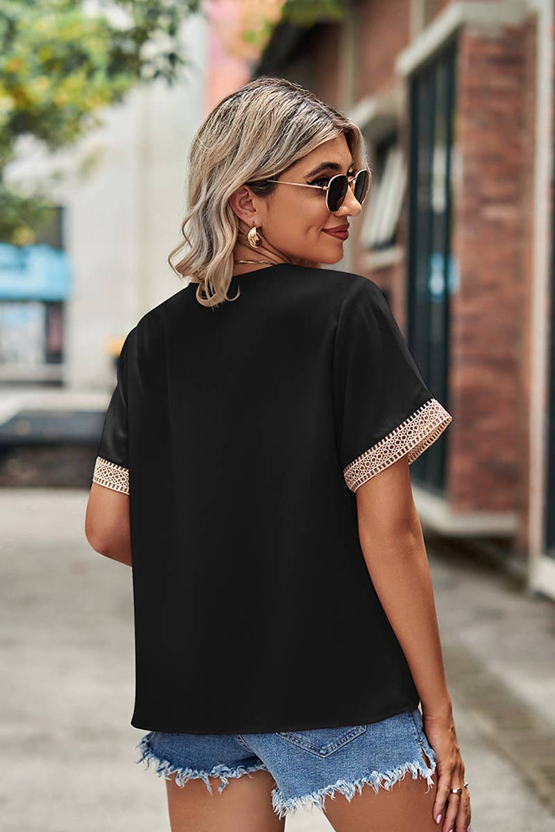 CWTBLS0045_GOLD LACE POINT V NECK CHIFFON BLOUSE - Bellissima by Ari LLC.
