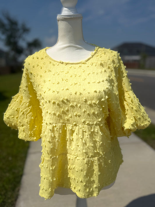 Yellow Pom Pom Knit Puff Sleeve Babydoll Top