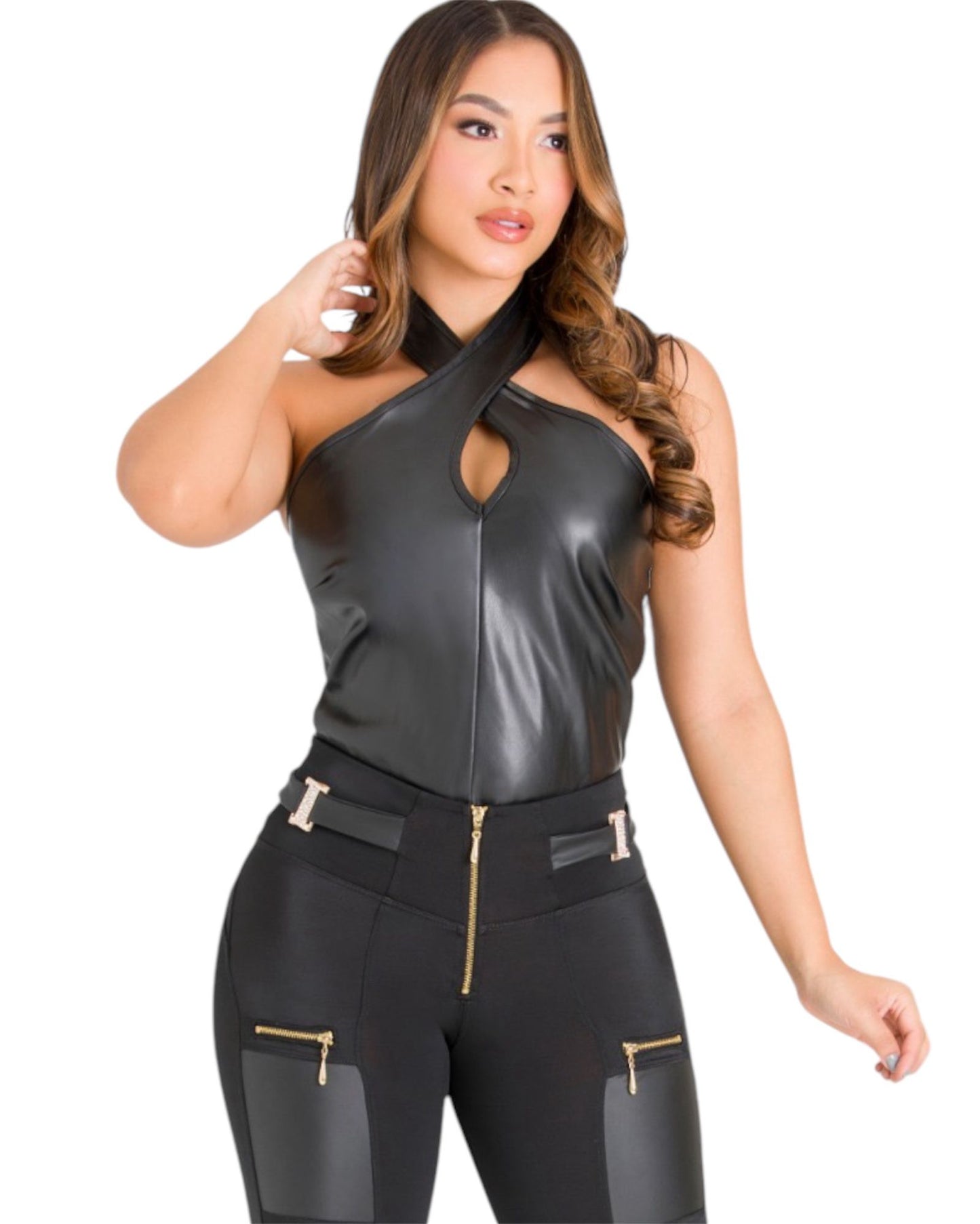 Faux Leather Halter Crop Top - Sleek Dark Gray Glam - Bellissima by Ari LLC.