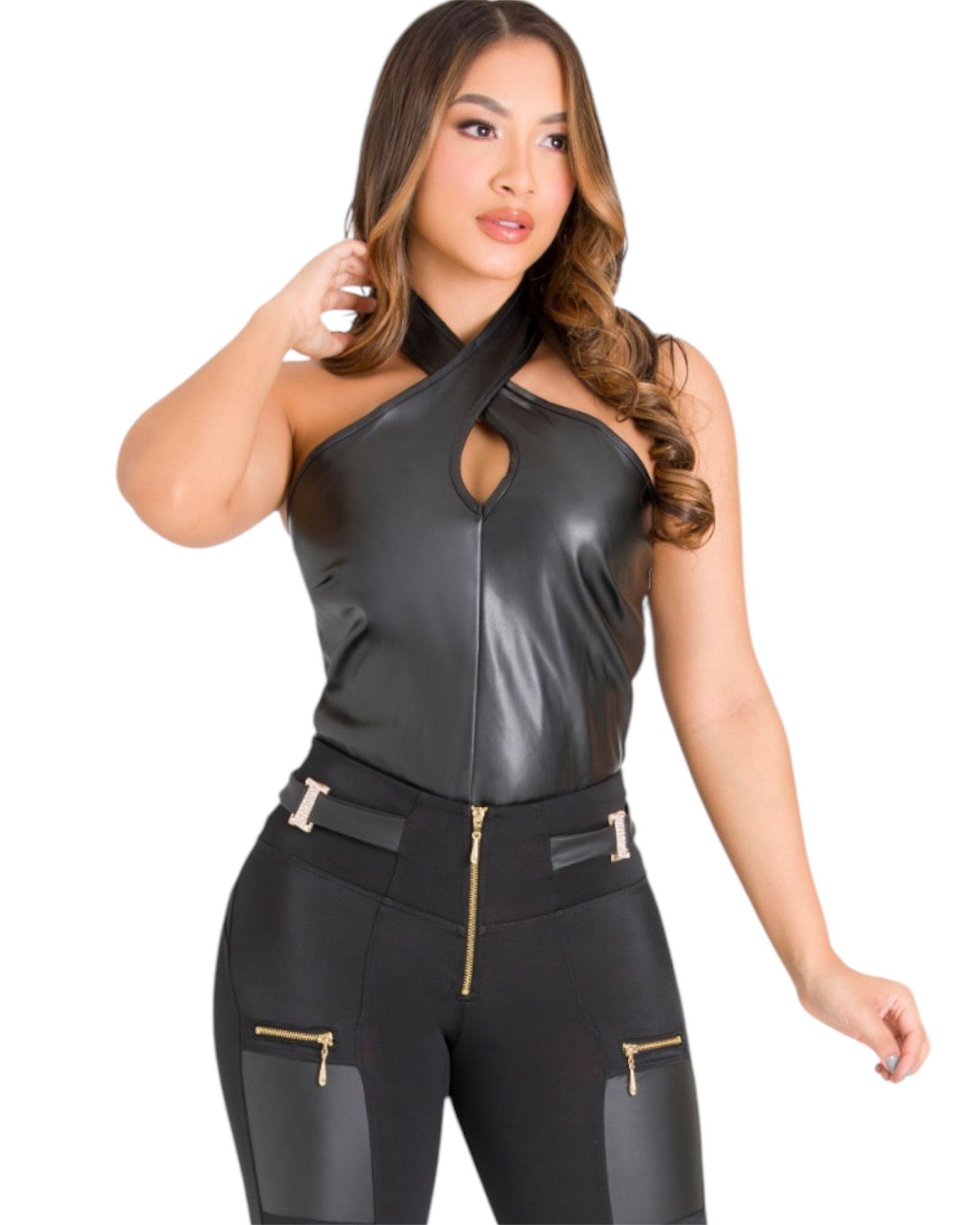 Faux Leather Halter Crop Top - Sleek Dark Gray Glam - Bellissima by Ari LLC.