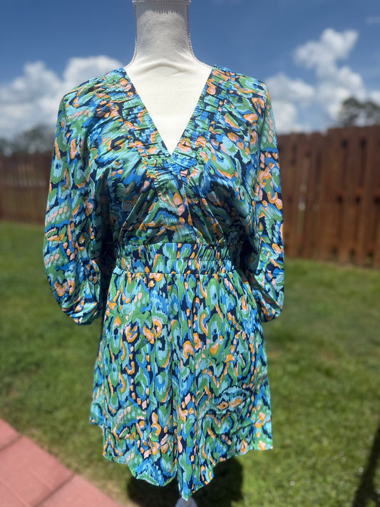 Abstract Print Puff Sleeve V Neck High Waist Romper - Bellissima by Ari LLC.