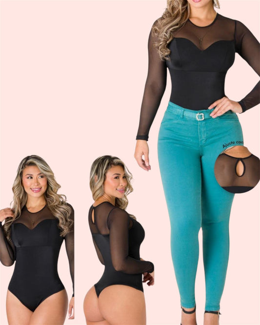 Sheer Long-Sleeve Heart Neckline Bodysuit - Bellissima by Ari LLC.