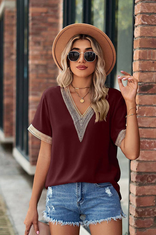 CWTBLS0045_GOLD LACE POINT V NECK CHIFFON BLOUSE - Bellissima by Ari LLC.