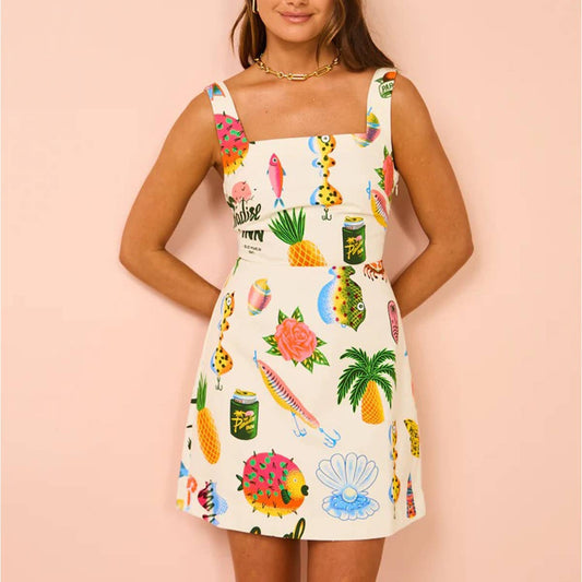 Printed tank top patchwork lace-up dress - Bellissima by Ari LLC.