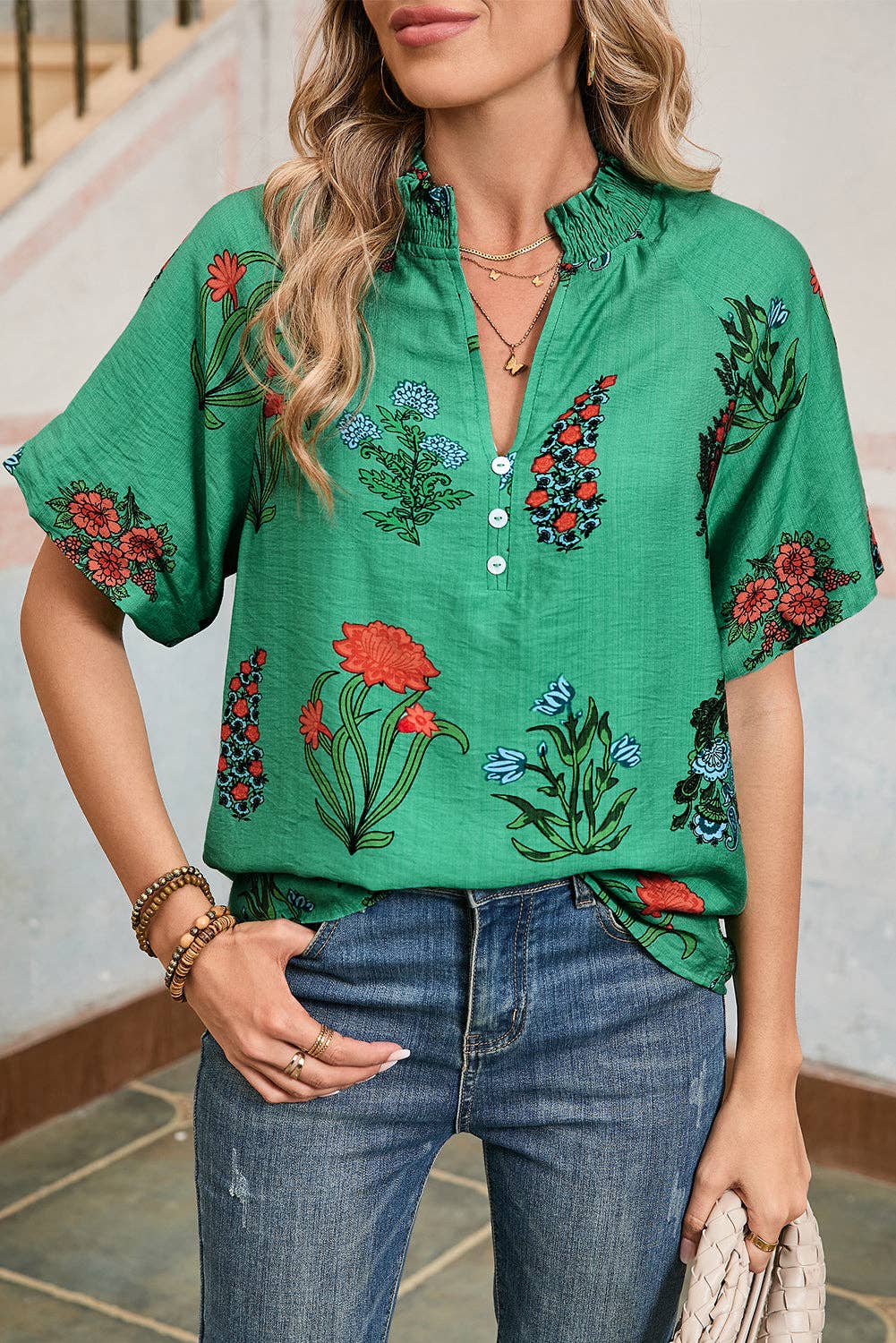 Floral Buttoned V-Neck Summer Blouse - Bellissima by Ari LLC.