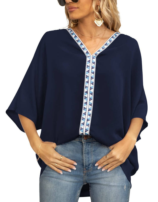 BAT-SLEEVED CHIFFON V-NECK SHORT-SLEEVED SHIRT - Bellissima by Ari LLC.