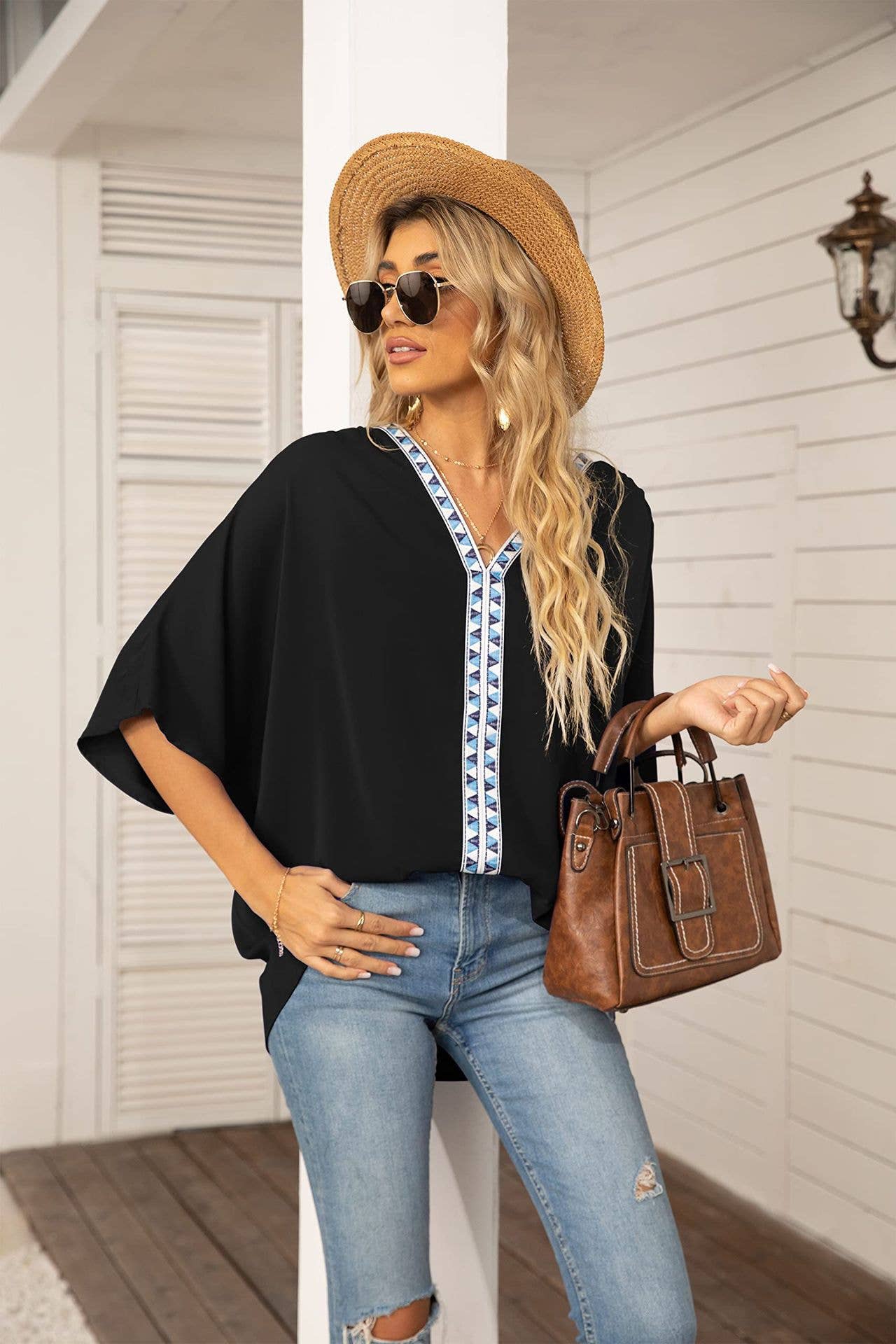 BAT-SLEEVED CHIFFON V-NECK SHORT-SLEEVED SHIRT - Bellissima by Ari LLC.
