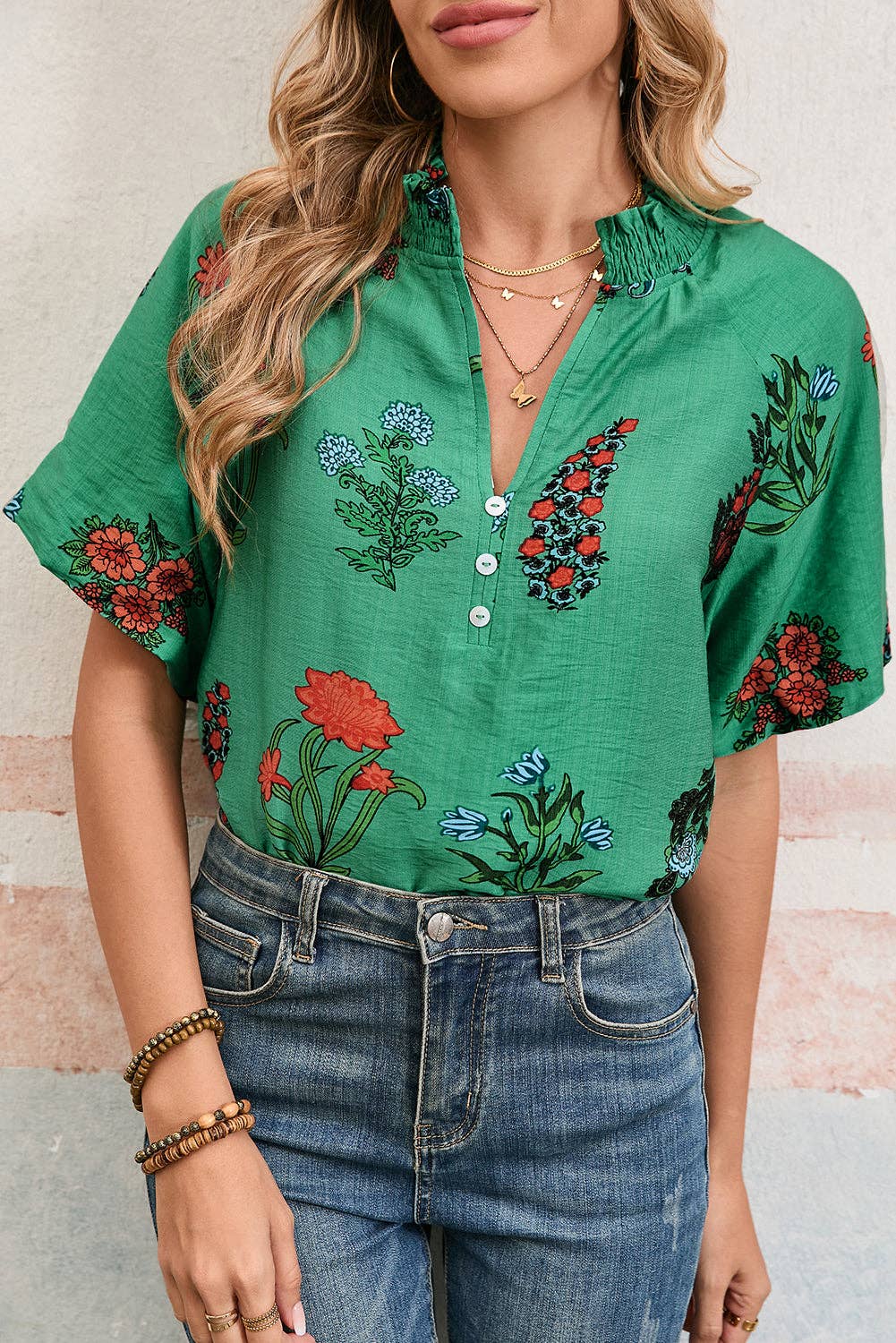 Floral Buttoned V-Neck Summer Blouse - Bellissima by Ari LLC.
