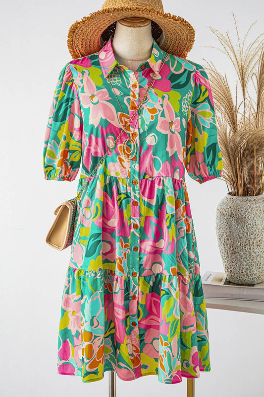 Fashion-W Floral Short Sleeve Buttoned Babydoll Dress - Bellissima by Ari LLC.