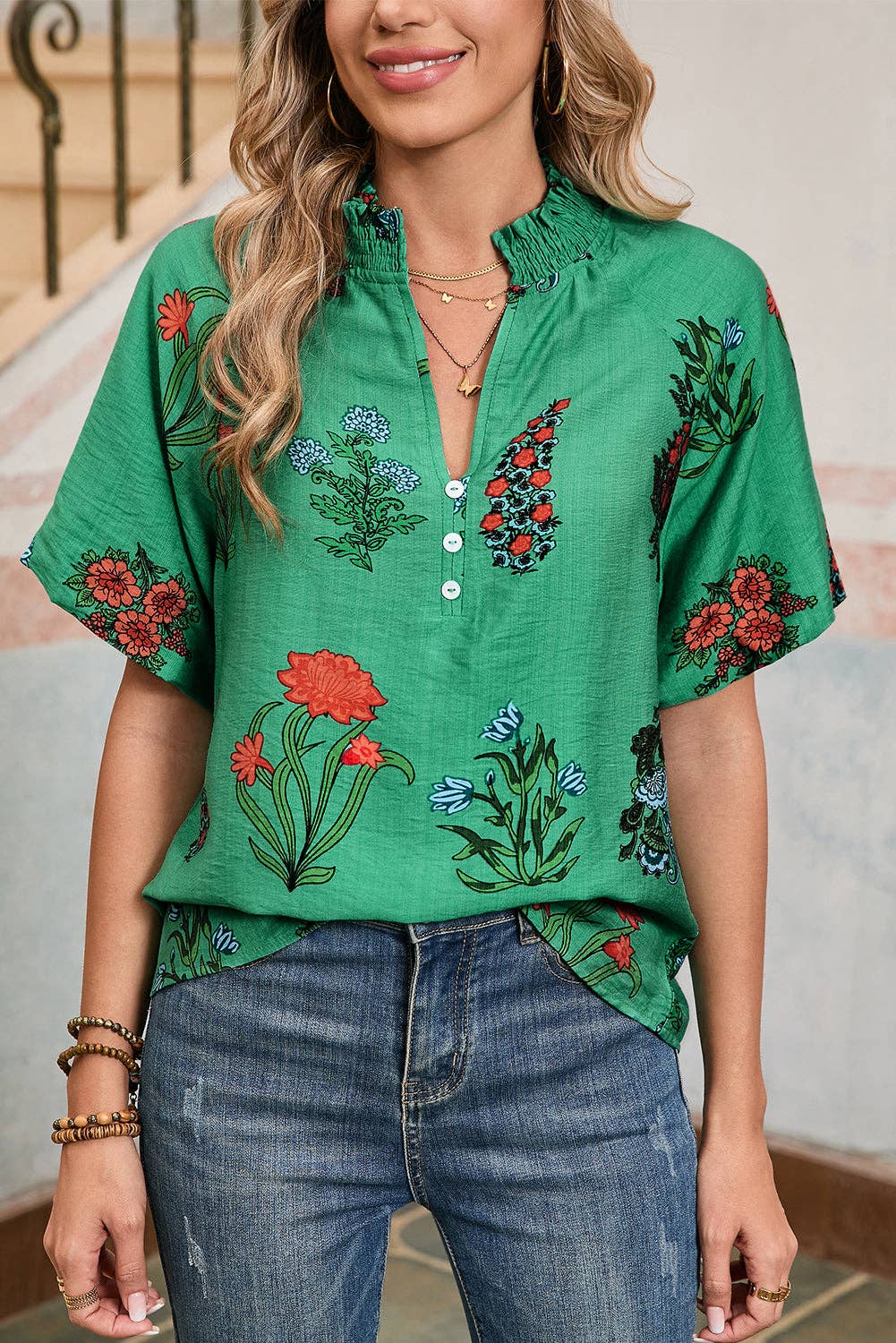 Floral Buttoned V-Neck Summer Blouse - Bellissima by Ari LLC.