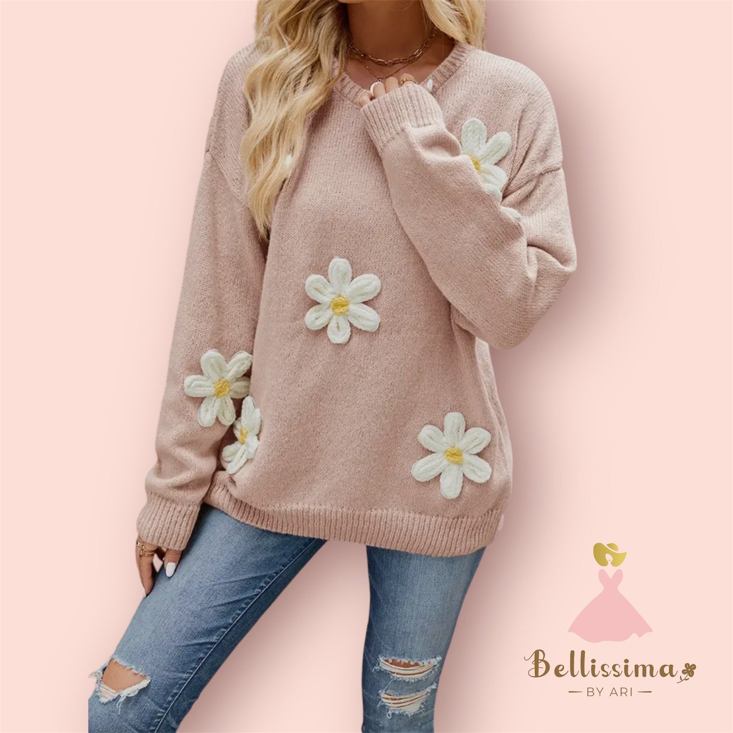 SLOUCHY ROUND NECK FLOWER STEREO CROCHET SWEATER - Bellissima by Ari LLC.