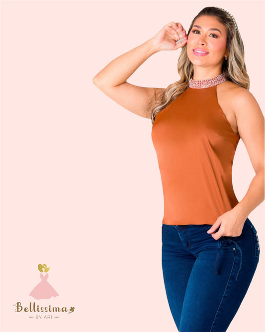 Sophisticated Halter Top with Rhinestone Collar - Bellissima by Ari LLC.